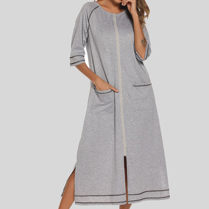 Zip Up Slit Round Neck Night Dress with Pockets - Image 4