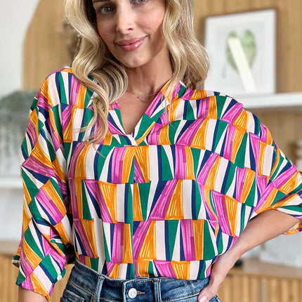 Double Take Full Size Geometric Notched Dolman Sleeve Top - Image 7