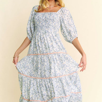 Davi & Dani Contrast Ric Smocking Bodice Tiered Midi Dress - Image 2