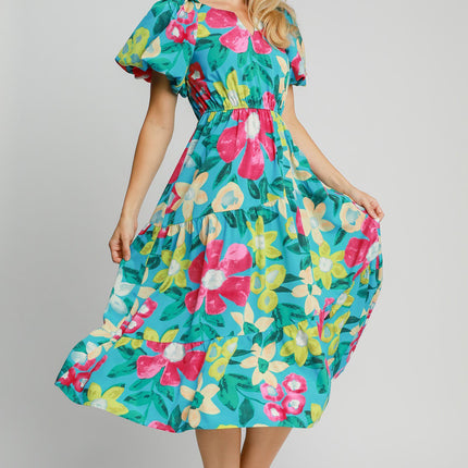 Umgee Full Size Tiered Floral Print Notched Puff Sleeve Midi Dress Plus Size - Image 3
