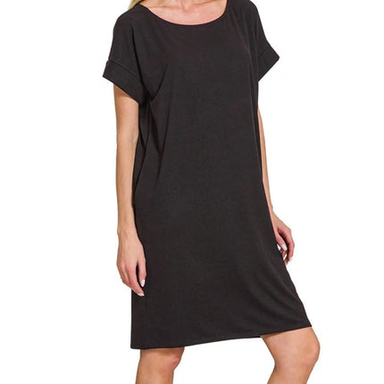 Zenana Rolled Short Sleeve Round Neck Dress - Image 1