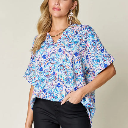 Double Take Full Size Printed V-Neck Short Sleeve Blouse - Image 16