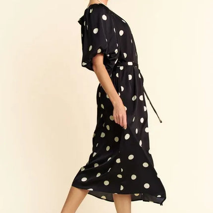 Davi & Dani Polka Dot Puff Sleeves Waist Tie Midi Dress - Image 10