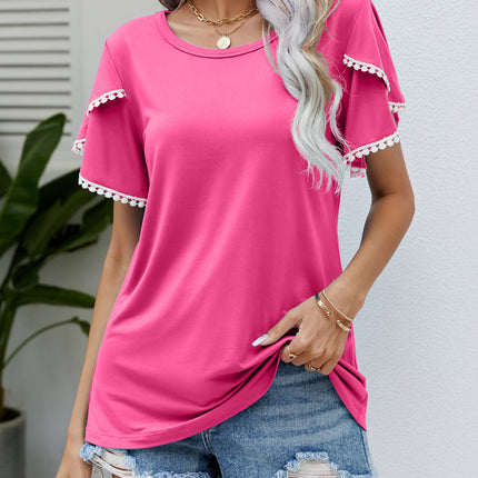 Pom-Pom Trim Flutter Sleeve Round Neck Tee - Image 1