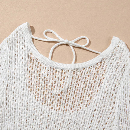 Hollow Out Bell Sleeve Drawstring Knit Cover Up Dress - Image 9