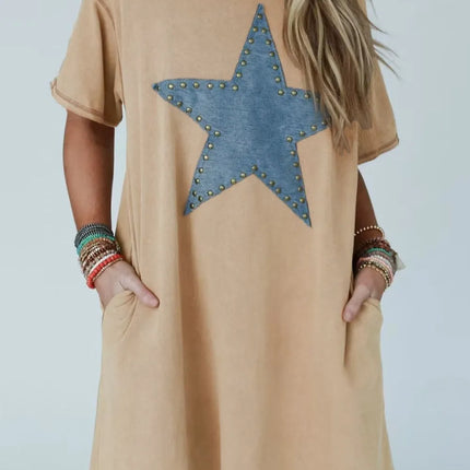 Mineral Wash Stud Beaded Star Pocketed T Shirt Dress - Image 4