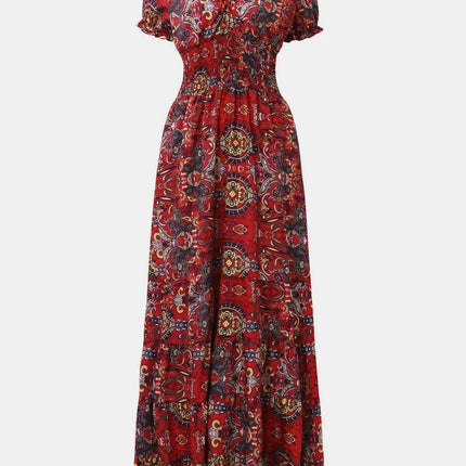 Full Size Smocked Printed V-Neck Short Sleeve Dress - Image 4