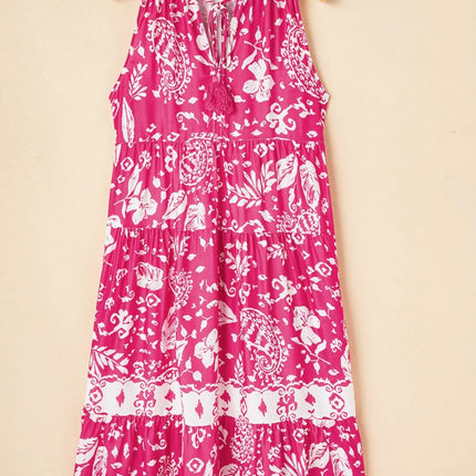 Floral Sleeveless Tasseled Tie Neck Tiered Midi Dress - Image 6