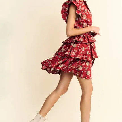 Davi & Dani Ruffle Flutter Sleeve Tie Belt Tiered Mini Dress - Image 9