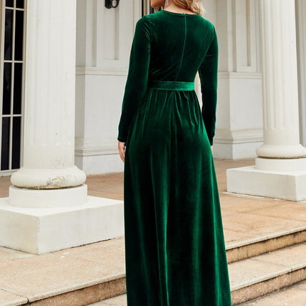 Tie Front Round Neck Long Sleeve Maxi Dress - Image 11