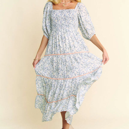 Davi & Dani Contrast Ric Smocking Bodice Tiered Midi Dress - Image 1