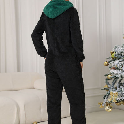 Pom-Pom Trim Zip Front Hooded Lounge Jumpsuit - Image 2