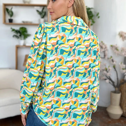 Double Take Full Size Printed Smocked Long Sleeve Blouse - Image 10
