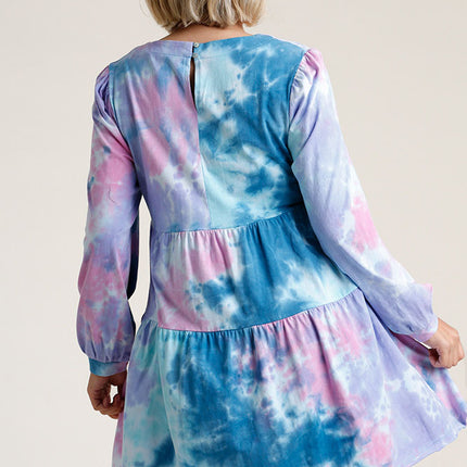 Umgee Full Size Tie Dye Round Neck Long Sleeve Babydoll Tiered Dress Plus Size - Image 5