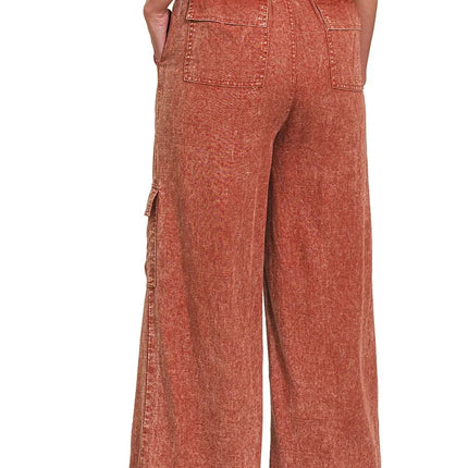 Zenana Washed Linen Elastic Band Waist Cargo Pants - Image 3