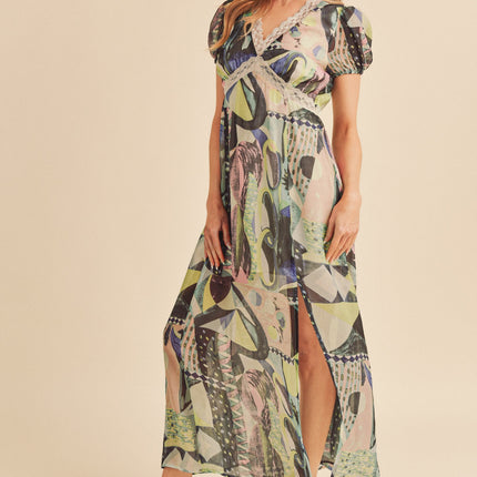 Aemi + Co Lace Detail Slit Geometric Print Short Sleeve Maxi Dress - Image 4