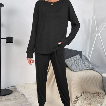 Shiny Round Neck Top and Drawstring Pants Lounge Set - Image 2