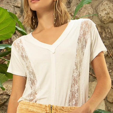 POL Inset Lace Outseam Detail Short Sleeve V-Neck T-Shirt - Image 1
