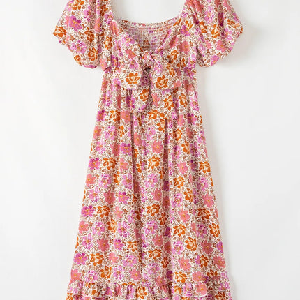 Floral Square Neck Knotted Ruffle Midi Dress - Image 7