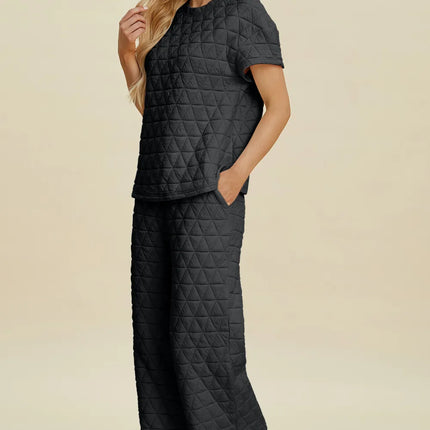 Double Take Full Size Texture Round Neck Short Sleeve Top and Pants Set - Image 2