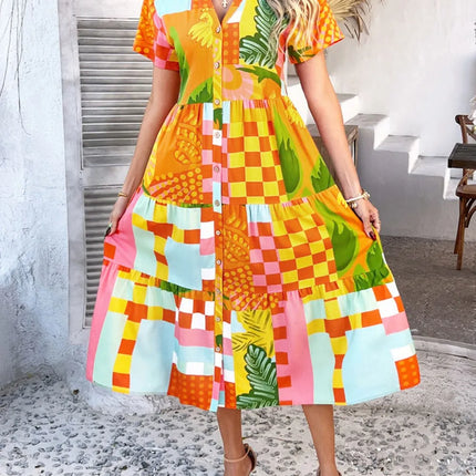 Devine Printed Johnny Collar Button Down Short Sleeve Midi Shirt Dress - Image 16