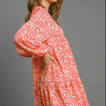 Umgee Full Size Two Tone Print Balloon Sleeve Tiered Dress Plus Size - Image 2