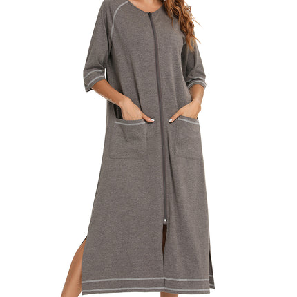 Zip Up Slit Round Neck Night Dress with Pockets - Image 20