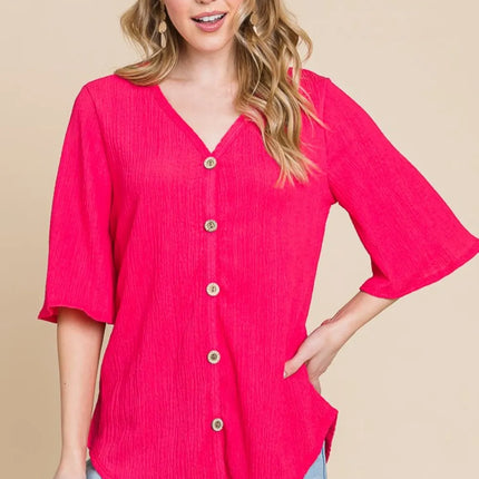 BOMBOM Texture Decorative Button V-Neck Top - Image 3