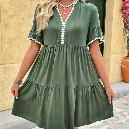 Lace Detail Notched Flounce Sleeve Mini Dress - Image 2