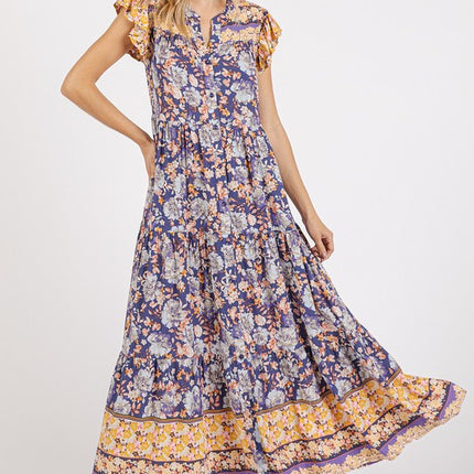 Mittoshop Floral Ruffled Notched Cap Sleeve Maxi Dress - Image 1