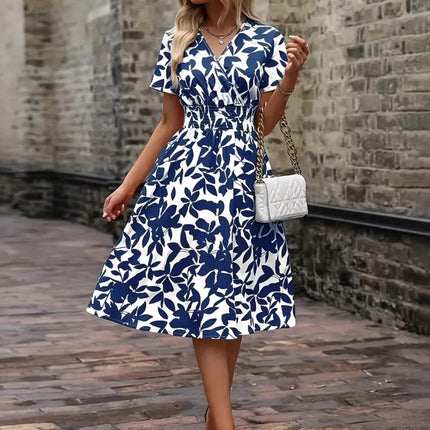 Printed Smocked Surplice Short Sleeve Dress - Image 4