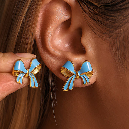 Stainless Steel Oil Drip Bow Stud Earrings - Image 1