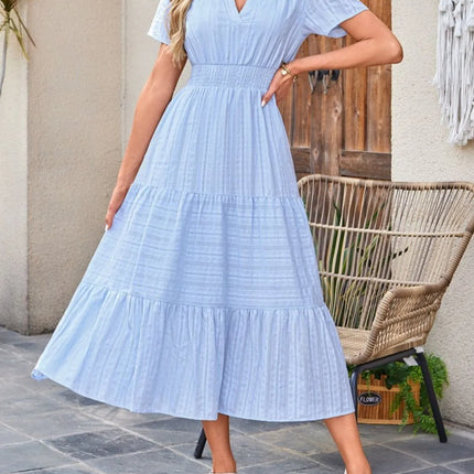 Tiered Notched Short Sleeve Dress - Image 5