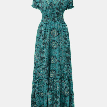 Full Size Smocked Printed V-Neck Short Sleeve Dress - Image 14