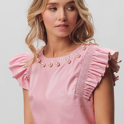 BiBi Leather Smocked Ruffled Top - Image 5