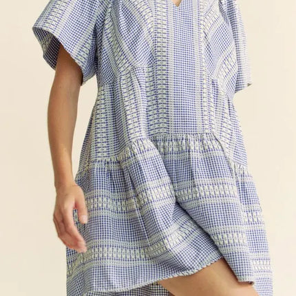 Davi & Dani Embroidered Stripe Ruffled Gingham Mini Dress - Image 3