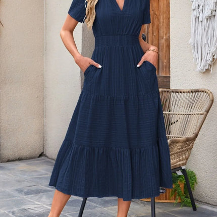 Tiered Notched Short Sleeve Dress - Image 19