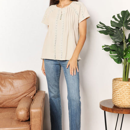 Double Take Crochet Buttoned Short Sleeves Top - Image 10