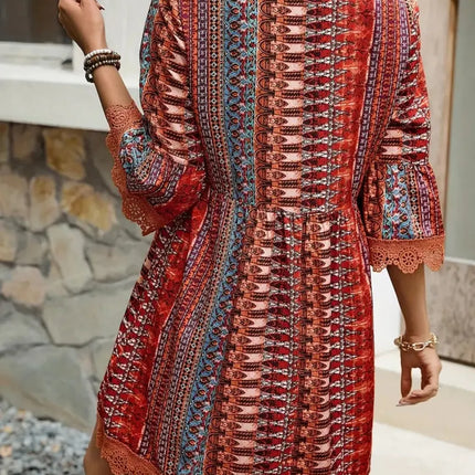 Lace Trim Printed V-Neck 3/4 Sleeve Dress - Image 4