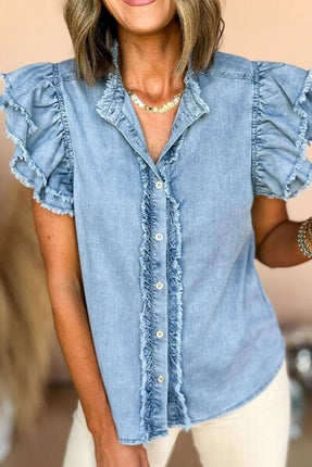 Button Down Raw Hem Ruffled Denim Shirt - Image 2