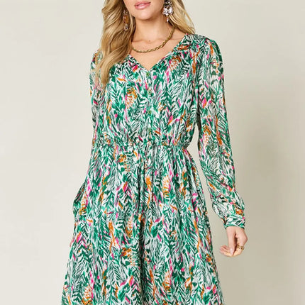 Double Take Full Size Printed Drawstring Waist Long Sleeve Dress - Image 2