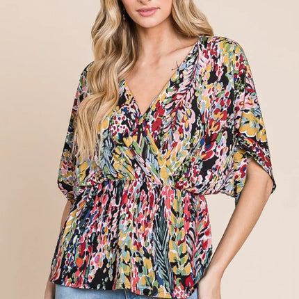 BOMBOM Printed Surplice Peplum Blouse - Image 4
