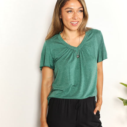 Double Take Ruched V-Neck Short Sleeve T-Shirt - Image 18