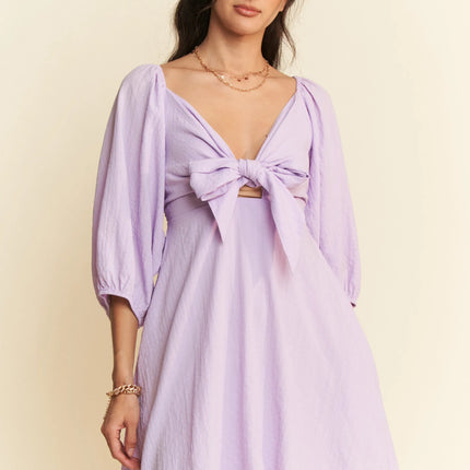 Davi & Dani Self-Tie Puff Sleeve Smocking Open Back Mini Dress - Image 1