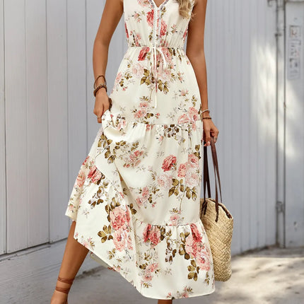 Printed Ruffled Hem V-Neck Sleeveless Dress - Image 4
