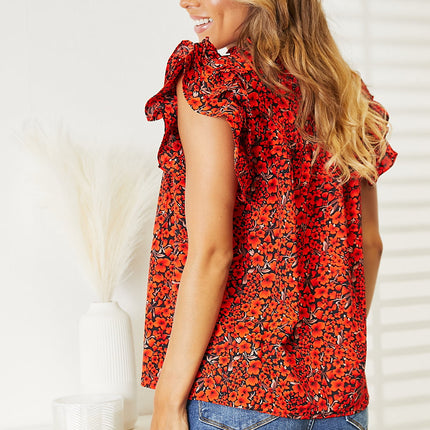 Double Take Floral Flutter Sleeve Notched Neck Blouse - Image 3