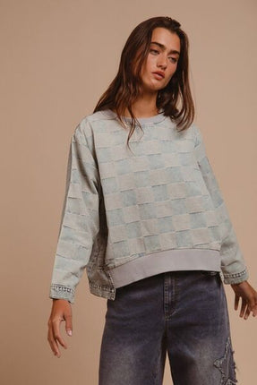 BiBi Mineral Washed Checkered Round Neck Denim Top - Image 4