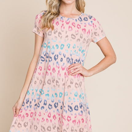 BOMBOM Leopard Round Neck Short Sleeve Dress - Image 1