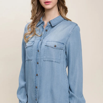 Love Tree Scooped Hem Button Up Denim Shirt - Image 3