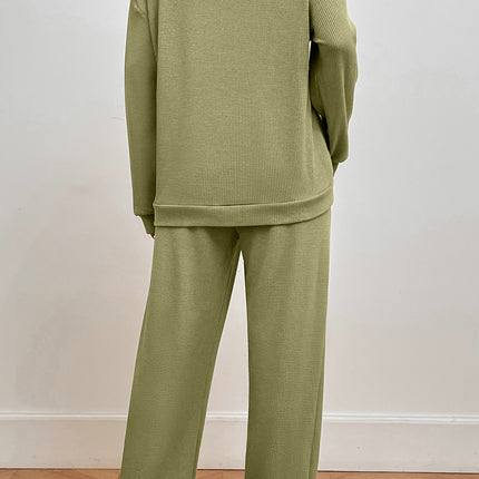 Pocketed Round Neck Top and Pants Lounge Set - Image 2